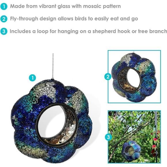 Indigo Flower 9-Inch Round Fly-Through Bird Feeder - Crackled Glass Design - Picture 5 of 6